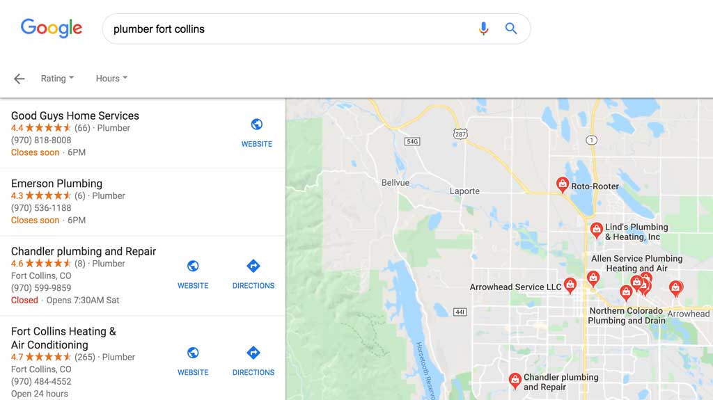Plumber Fort Collins on Google Map Pack results